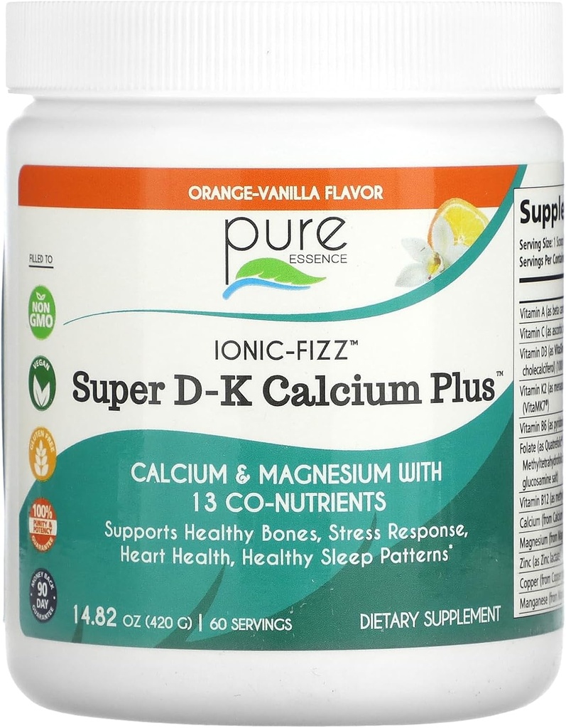 Ionic Fizz Super D-K Calcium Plus by Pure Essence - with Extra Magnesium, Vitamin D3, Vitamin K2 - Orange Vanilla - 14.82oz