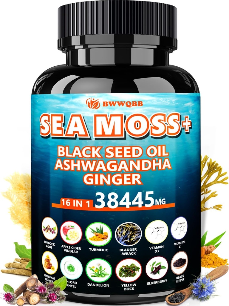 Sea Moss 350mg Black Seed Oil 200mg Ashwagandha 100mg Turmeric 100mg Bladderwrack 100mg Burdock 100mg,All-in-1 Sea Moss Capsules-60 Count