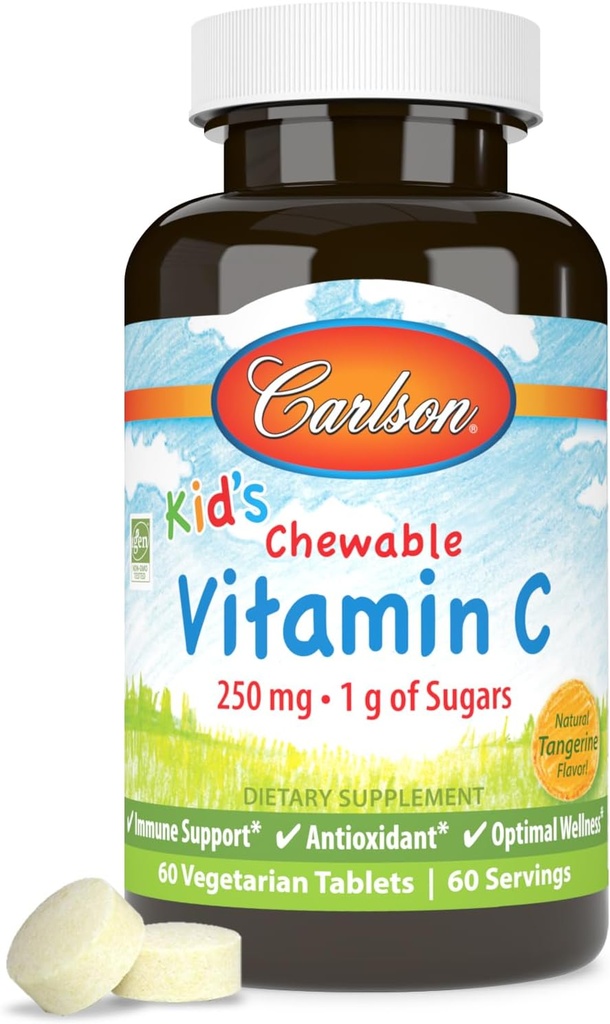 Carlson - Kid's Chewable Vitamin C, 250 mg, 1 g of Sugars, Immune Support & Optimal Wellness, Antioxidant, Tangerine, 60 Vegetarian Tablets
