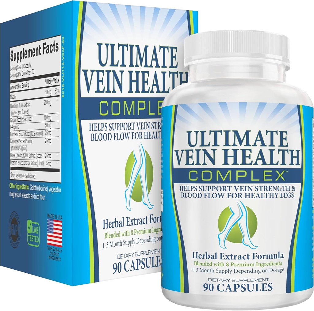 8-in-1 Vein & Leg Health Circulation Supplements | Blood Circulation Booster Formula | Ultimate Vein & Leg Circulatory System Support Supplement | Nutrients for Healthy & Strong Veins | 90 Capsules