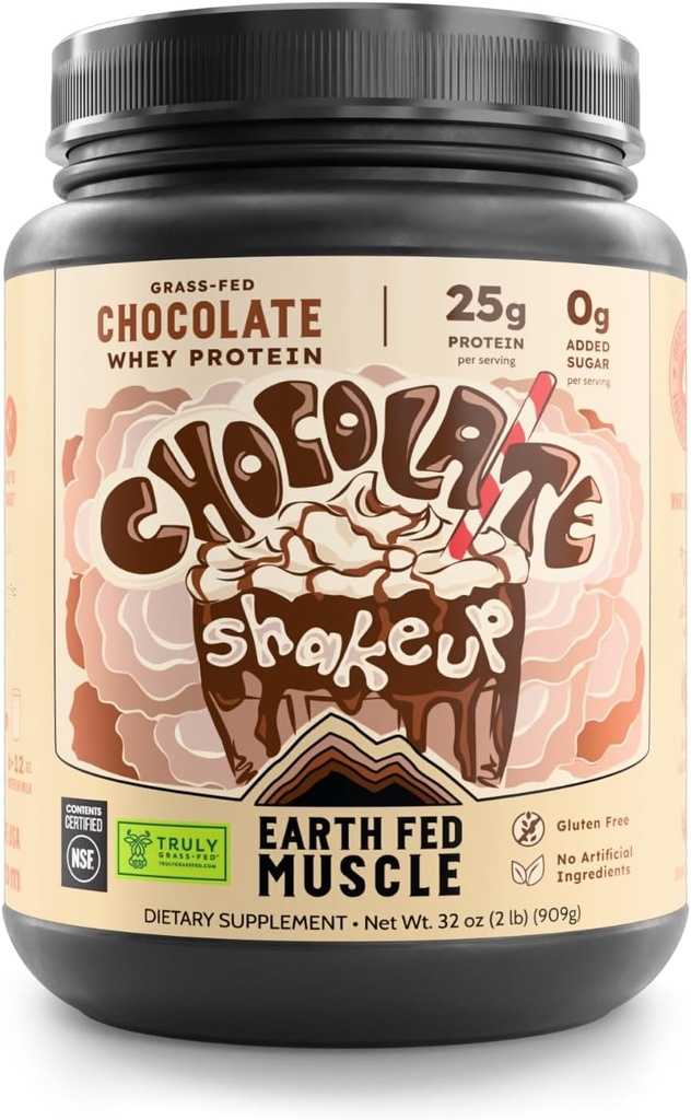 Earth Fed Muscle Chocolate Shakeup Truly Grass Fed Whey Protein Isolate NSF-Certified. No Artificial Ingredients, Soy Free, Gluten Free, Non-GMO and Hormone Free (2 Pound, 29 Servings, Chocolate)