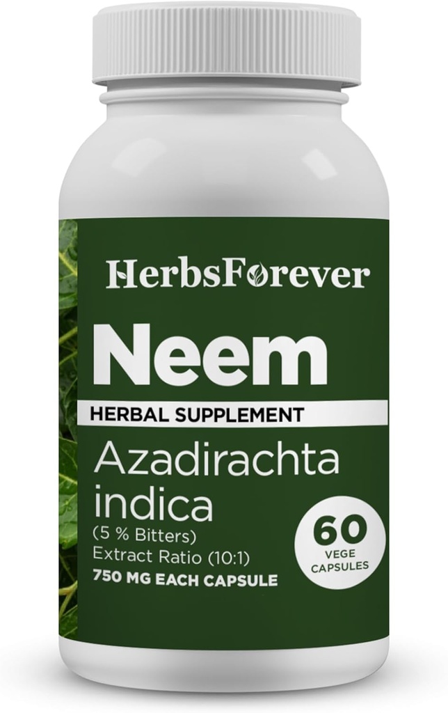 Herbsforever Neem Capsules Azadirachta Indica Skin Supplement 60 Vege Capsules