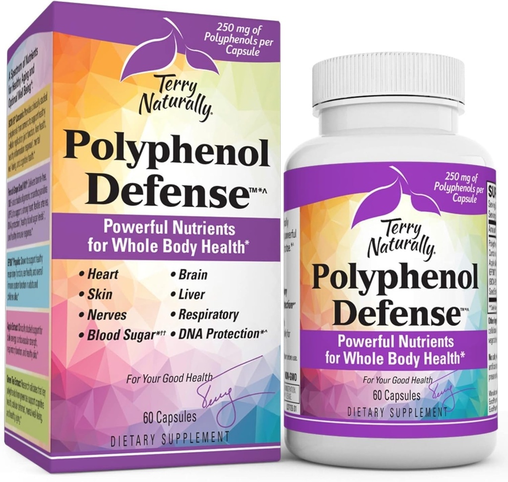 Terry Naturally Polyphenol Defense - Supplement to Support Brain, Liver & Nerve Health - Antioxidant Polyphenol Blend to Support Respiratory & Skin Health - Whole Body Health Support - 60 Capsules