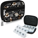Serfeymi Weekly Travel Pill Organizer Pill Case for Purse with Removable 7 Day Pill Box, Fashionable Travel Medicine Organizer Pill Container for Medicine, Vitamin, Supplement - Black 02 + Pill Box