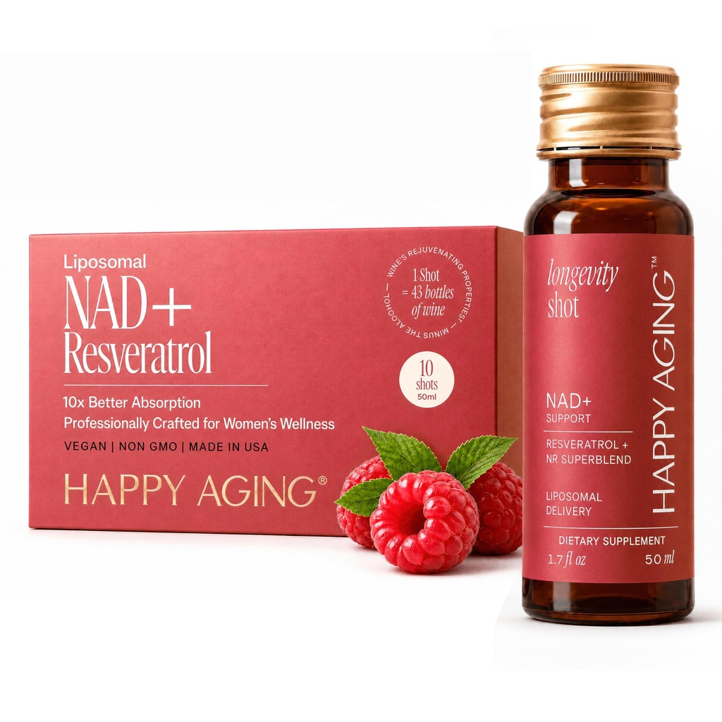 Happy Aging Liquid NAD+ Supplement for Women | Liposomal Nicotinamide Riboside & Resveratrol Shots for Energy, Skin Health & Brain Fog | NMN Alternative with Antioxidants | 10 Shots, 30-Day Supply