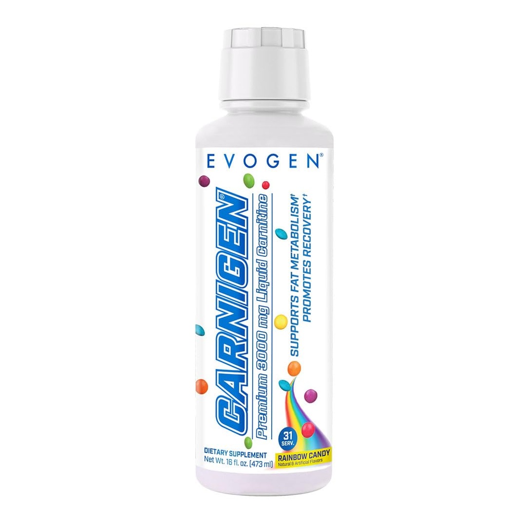 Evogen Carnigen Premium L Carnitine Liquid – L Carnitine 3000 Supplement | L Carnitine Supplement for Fat Metabolism & Recovery | Acetyl L-Carnitine | Caffeine Free | Rainbow Candy | 31 Servings