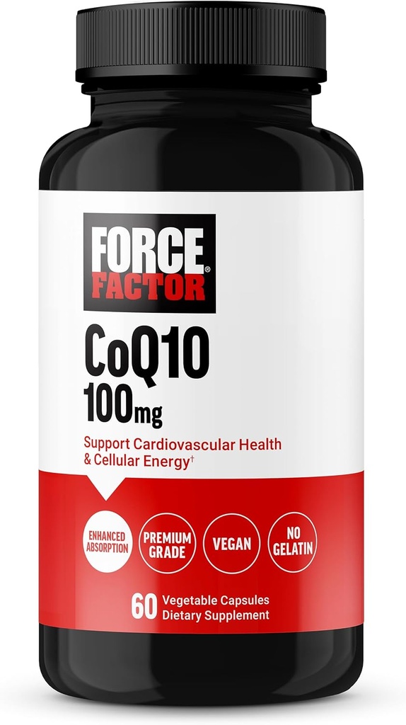 FORCE FACTOR CoQ10 100mg, Coenzyme Q10 Heart Health Supplement with Enhanced Absorption, Premium Grade Coq 10, Vegan, Dairy Free, Gluten Free, and Non-GMO, 60 Vegetable Capsules