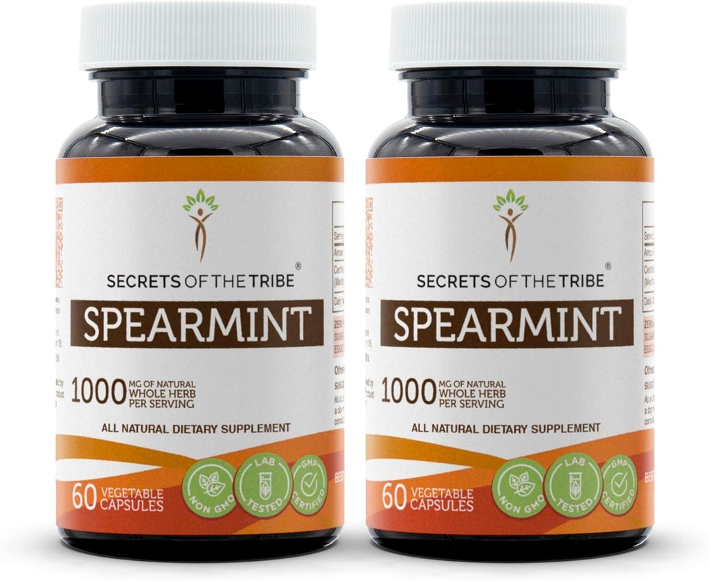 Secrets of the Tribe Spearmint Capsules 1000 mg Spearmint (Mentha spicata) Dried Leaf, Women's Hormone Support Supplement (2x60 Capsules)