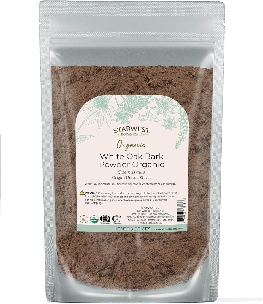Starwest Botanicals White Oak Bark Powder Organic - Dried Herb for Tea & Natural Herbal Blends, Pure Quercus Alba, Certified Kosher, Non-GMO - 4 oz Pouch