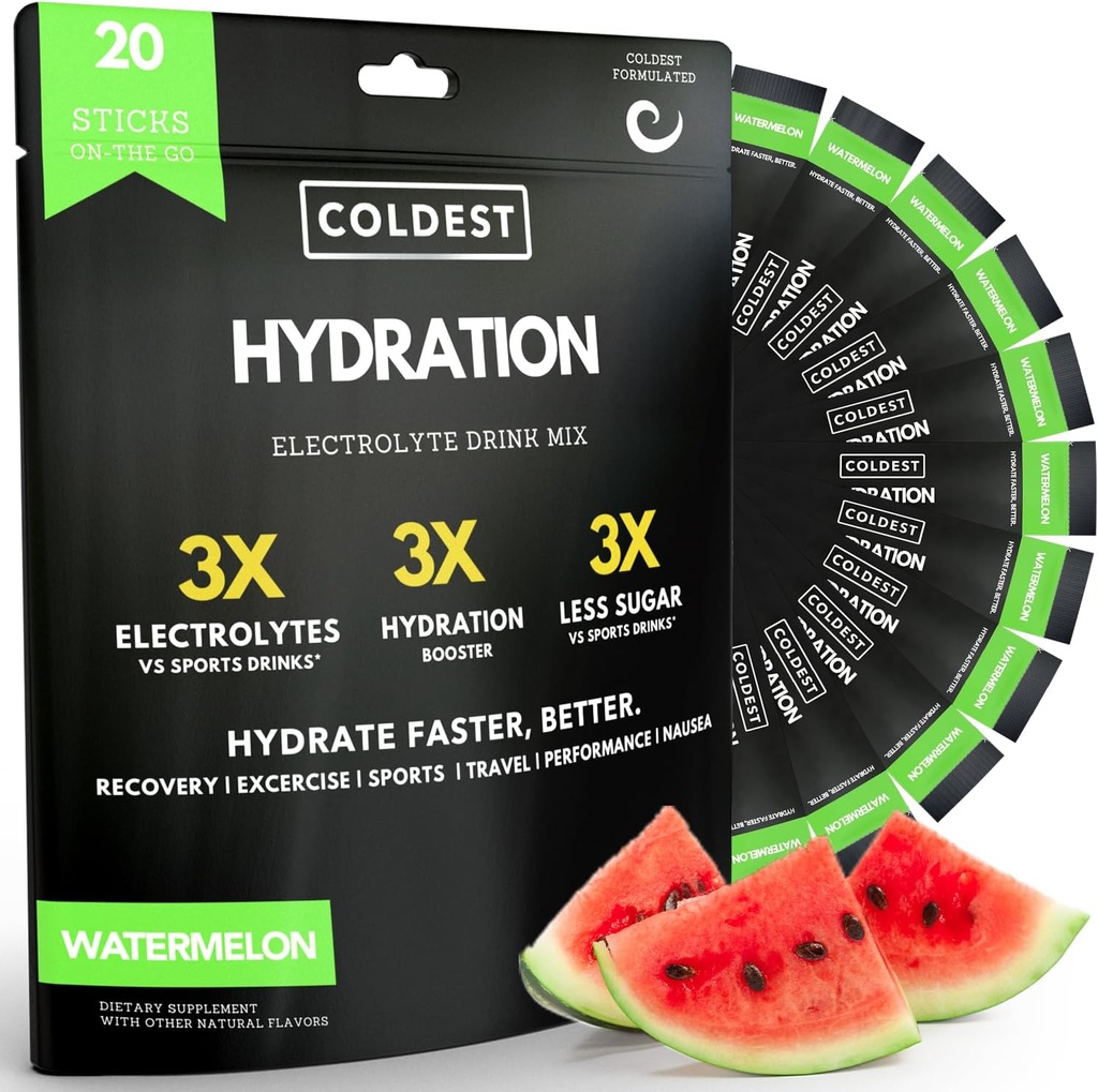 Coldest Hydration - Electrolytes Powder Packets - Non GMO & No Artificial Sugar - Electrolyte Drink Mix - Easy Open Single-Serving Stick Drop in Water - 20 Sticks per Pack (Watermelon)