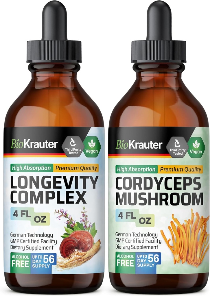 BIO KRAUTER Longevity Mushroom Tincture 4 Fl. Oz. & Cordyceps Mushroom Tincture 4 Fl. Oz.