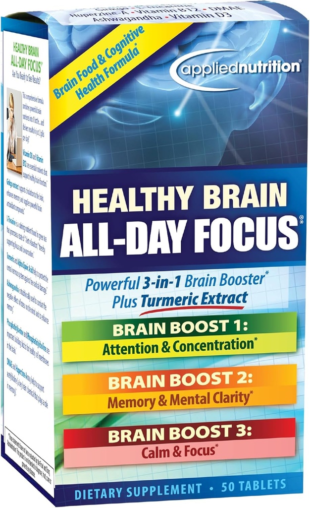 Applied Nutrition Healthy Brain All-Day Focus - 50 Tablets - Powerful 3-in-1 Brain Booster with Turmeric Extract - 25 Servings