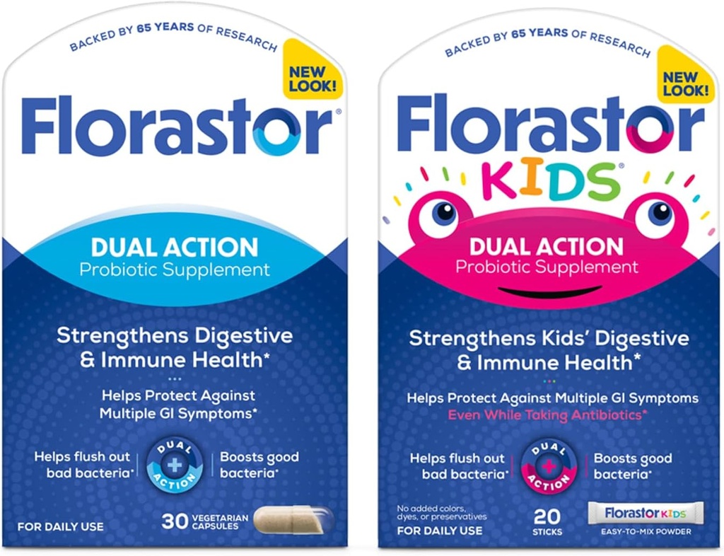 Florastor Family Probiotic Bundle - 30 ct. Probiotic for Digestive + Immune Health & 20 ct Kids Daily Probiotic - Unflavored Powder Sticks - Boost Good Bacteria & Flush Out The Bad