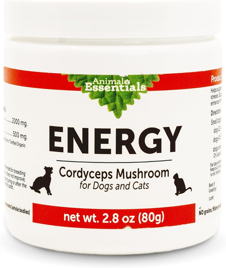Animal Essentials Energy Cordyceps Mushroom Supplement for Dogs & Cats - Support Stamina & Endurance, Healthy Respiratory & Kidney Functions, Antioxidant, Mushroom Powder Extract - 2.8 Oz (Pack of 1)