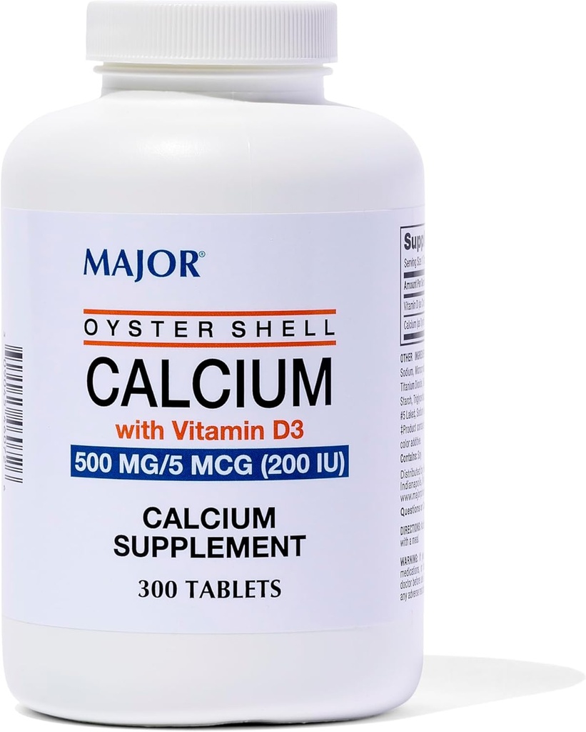 Major Oyster Shell Calcium with Vitamin D3 500 mg / 5 mcg (200 IU) - Daily Calcium Supplement - 300 Tablets (1 Pack)