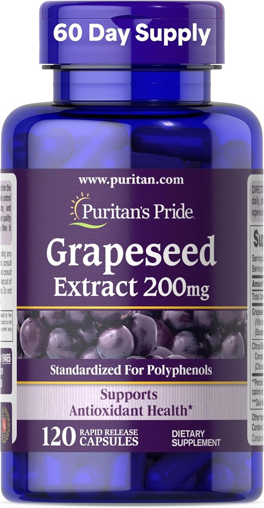 Puritan's Pride Grapeseed Extract 200mg, Dietary Supplement for Antioxidant and Heart Health Support, 2 Month Supply, 120 Rapid Release Capsules