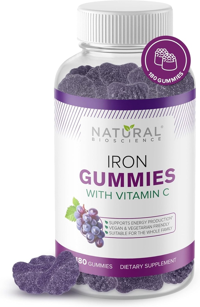 Iron Gummies with Vitamin C - Chewable Iron Supplement for Iron Deficiency Anemia, Red Blood Cell Support, Energy, Immune Function, Brain Health, Max Absorption, Grape Flavor, 180 Vegan Gummies