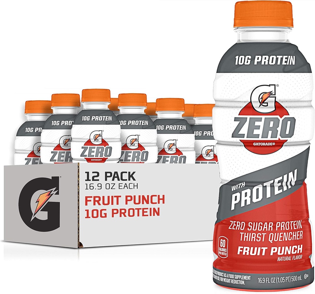 Gatorade Zero With Protein, 10g Whey Protein Isolate, Zero Sugar, Electrolytes, Fruit Punch, 16.9 Fl Oz, 12 Pack