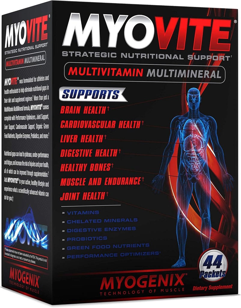 Myogenix Myovite Multivitamins for Athletes - High Performance Vitamins for Men and Women Athletes, Daily Vitamins for Optimum Nutrition, Muscle Function, and General Health, 44 Packets per Box