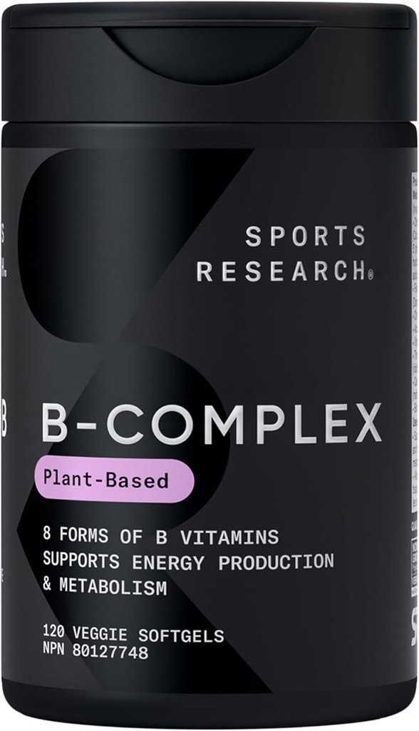 Sports Research® Vitamin B-Complex - Full Spectrum of B Vitamins with Methylated B12 & Folate - Gluten Free · Plant-Based · Non-GMO · Vegan-Friendly Formula - 120 Veggie Softgels