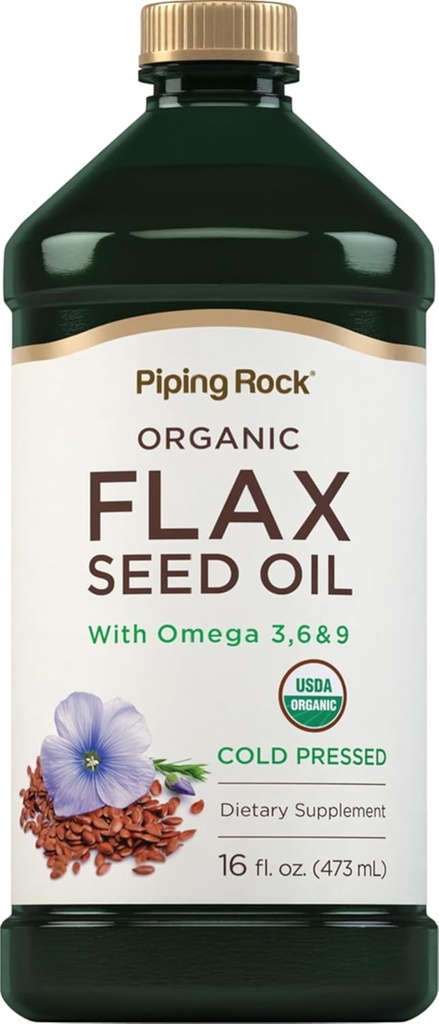Piping Rock Flaxseed Oil | 16 Fl Oz | with Omega 3 6 9 | Organic Cold Pressed Liquid Supplement | Vegetarian, Non-GMO, Gluten Free Formula