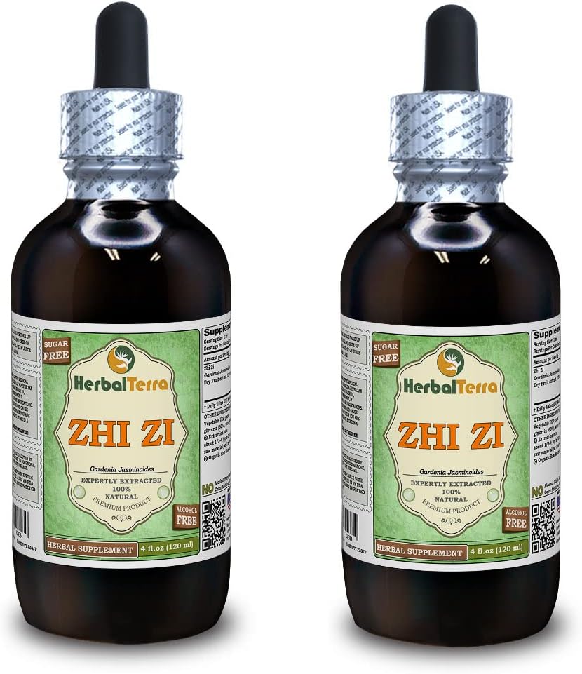 Zhi Zi, Gardenia (Gardenia Jasminoides) Glycerite, Organic Dried Fruit Alcohol-Free Liquid Extract (Brand Name: HerbalTerra, Proudly Made in USA) 2x4 fl.oz (2x120 ml)