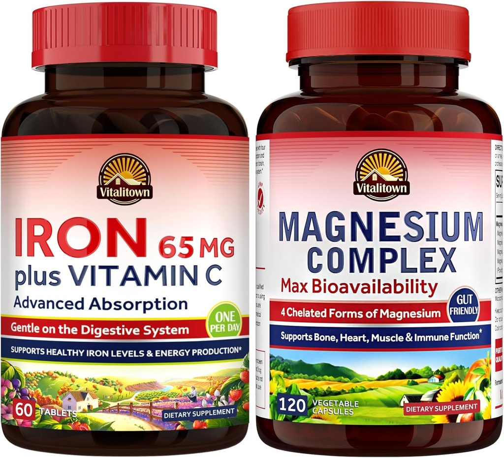 Vitalitown Magnesium Complex Supplement 500mg & 65mg Iron Supplement for Women Men, for Sleep, Muscle, Blood Building & Energy Improvement