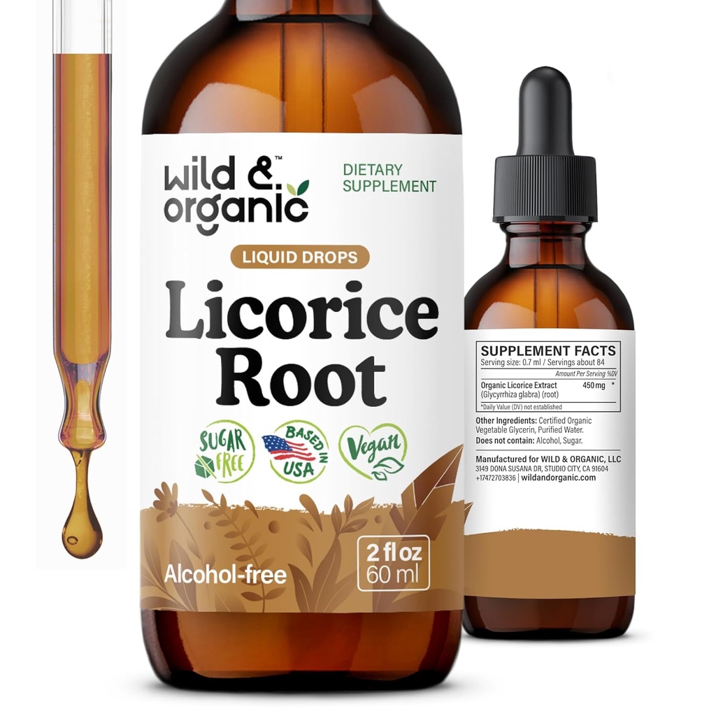 Wild & Organic Licorice Tincture - Digestive Support - Pure Licorice Root Extract Drops - Glycyrrhiza Glabra - Vegan, Sugar & Alcohol-Free Supplement - 2 fl oz