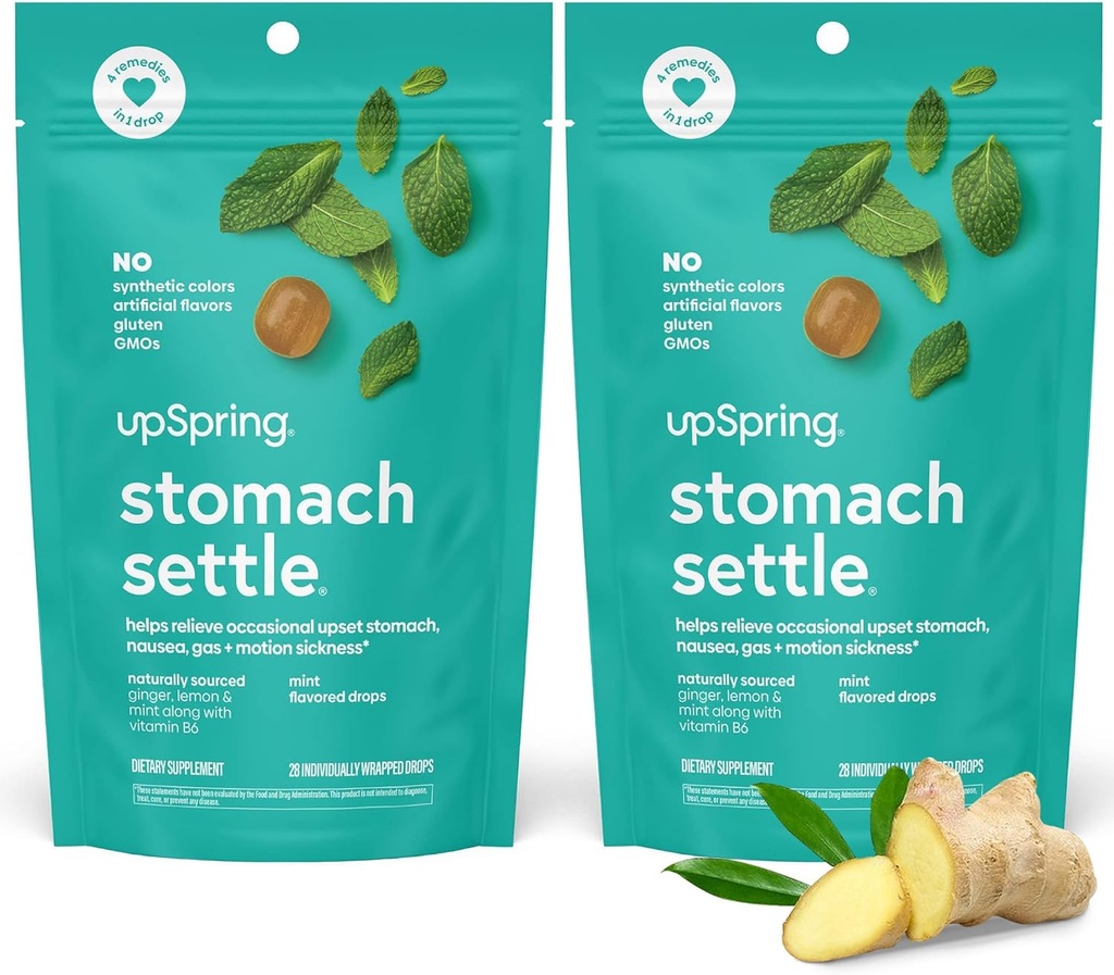 UpSpring Stomach Settle Drops for Occasional Nausea Relief, Upset Stomach and Motion Sickness with Ginger, Lemon, Spearmint and B6, Mint Flavor Drops, 56ct (Pack of 2)