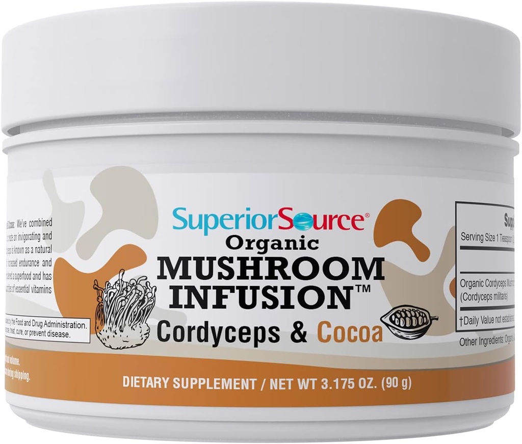 Superior Source Organic Mushroom Infusion – Cordyceps & Cocoa, Increased Energy, Stamina & Endurance, Anti-Aging Properties, Heart Health, Powerful Immune Support, 45 Servings, Non-GMO