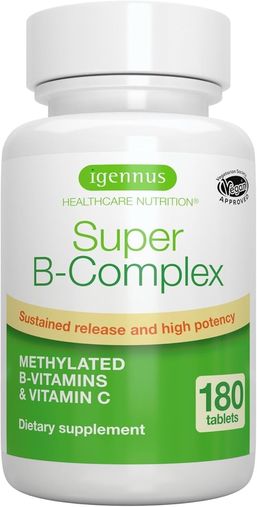 Igennus Super B-Complex Methylated B-Vitamins, MTHFR Supplement with Methylfolate & B12 Methylcobalamin, High Bioavailability & Potency, Vegan, Lab Verified, 180 Small Tablets