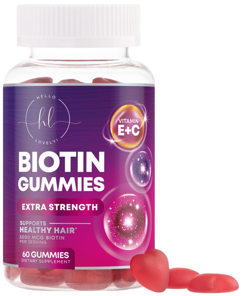 Hair Vitamins Gummies with Biotin 5000 mcg per Serving - Hair Growth Support with Vitamins E & C for Thicker, Stronger & Beautiful Hair - Hair Skin and Nails Vitamin, Gluten Free - 60 Gummies