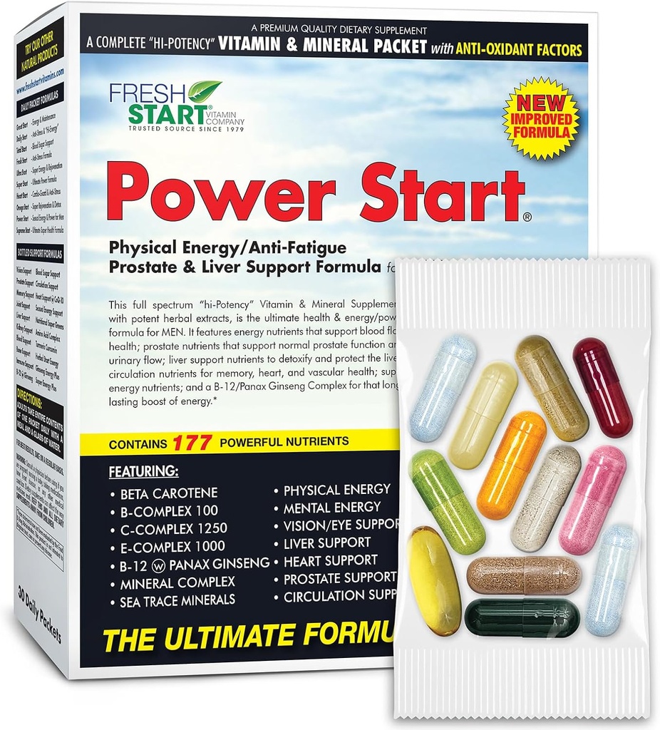 Power Start Complete Daily Vitamin Pack | Men's Health Support, 10X Energy & Stamina Booster | Vitamin A, B, C, D, E, B12, Minerals, Tribulus, Maca, Epimedium, Tongkat Ali (30 Packets)