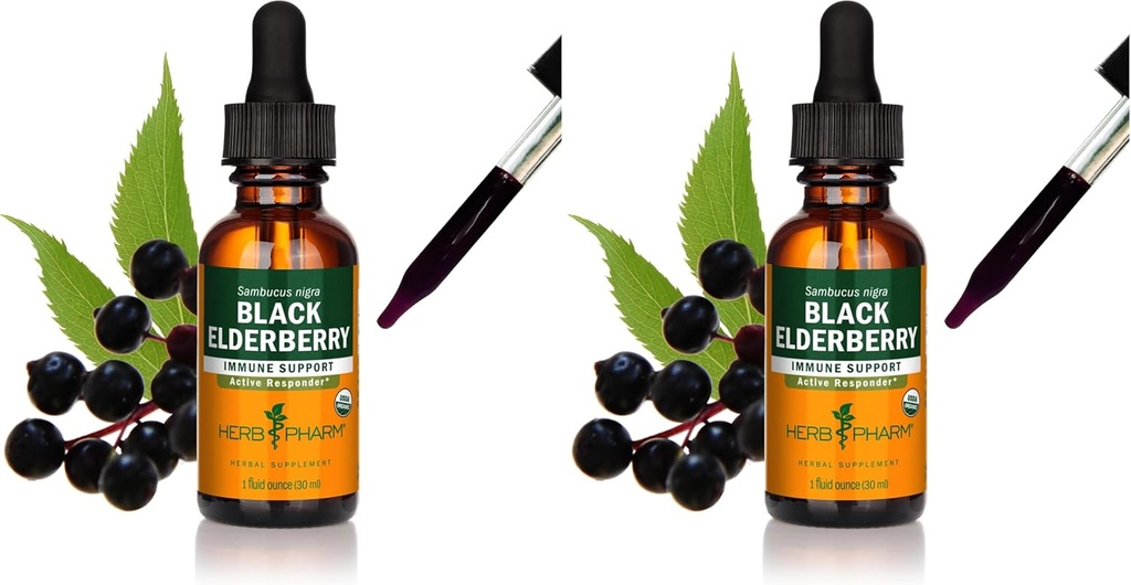 Herb Pharm Certified Organic Black Elderberry Liquid Extract for Immune System Support, Organic Cane Alcohol, 1 Oz (Pack of 2)