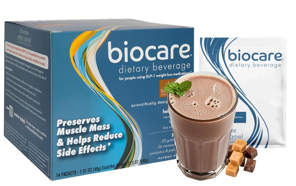 Biocare Nutritional Beverage for GLP-1 Users, Dietary Powder Drink Provides 20g Essential Protein, 26 Vitamins/Minerals, Helps Ease Nausea, Bloating, Constipation, Chocolate Salted Caramel (14 Count)