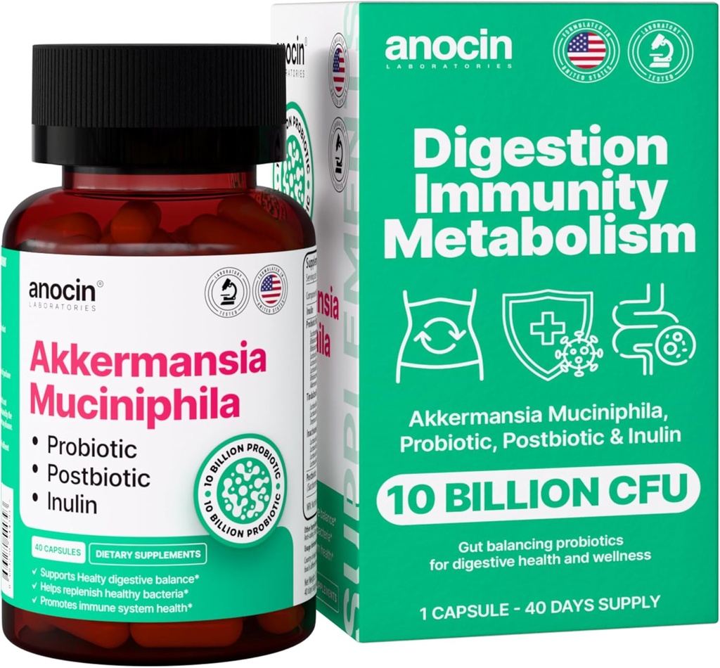 Akkermansia Muciniphila + Probiotic, Postbiotic & Inulin - Gut Health Supplement for Digestion, Immune Support - 10 Billion CFU, Vegan & Gluten-Free