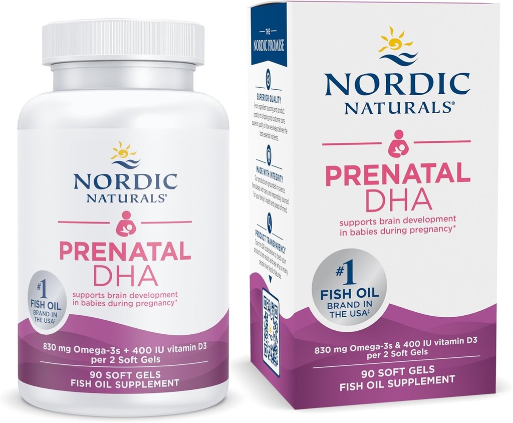 Nordic Naturals Prenatal DHA, Unflavored - 90 Soft Gels - 830 mg Omega-3 + 400 IU Vitamin D3 - Supports Brain Development in Babies During Pregnancy & Lactation - Non-GMO - 45 Servings