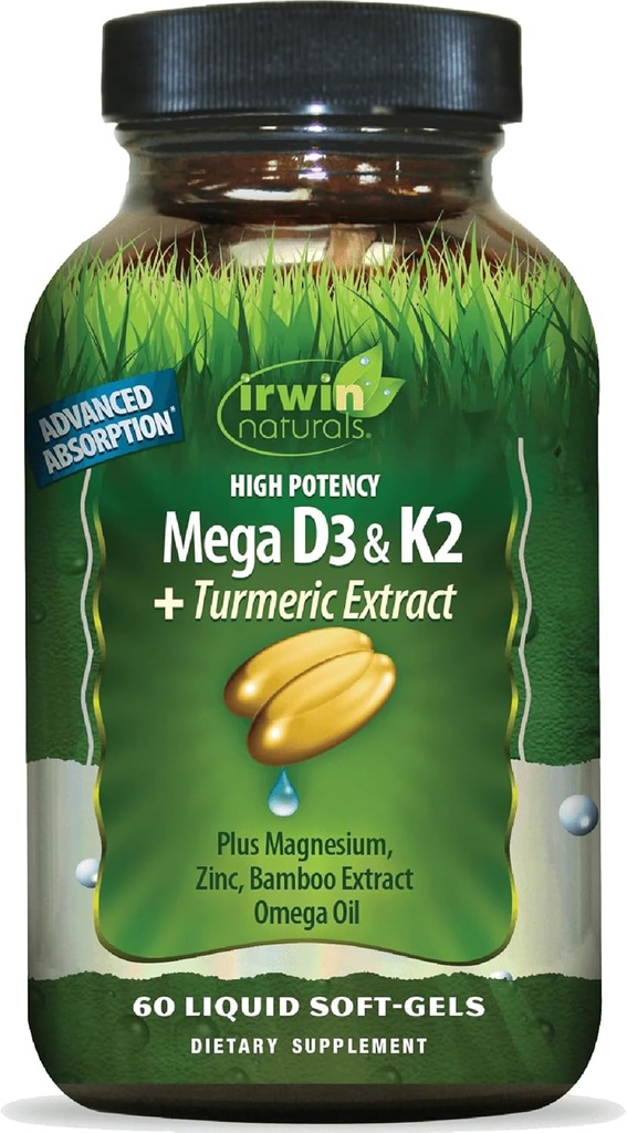 Irwin Naturals High Potency Mega D3 & K2 + Turmeric Extract - 60 Liquid Softgels - Healthy Bones & Immune Function