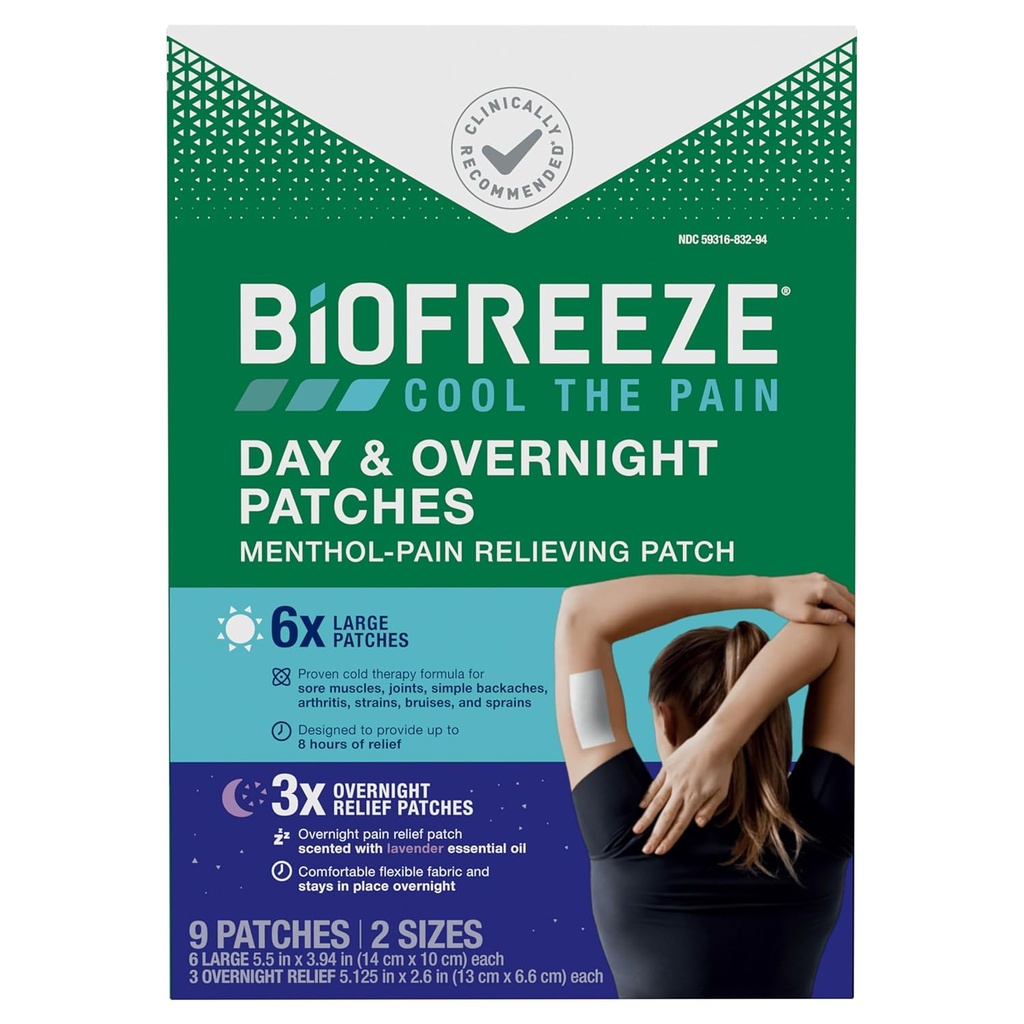 Biofreeze Day & Overnight Pain Relief Patches, Menthol Pain Patches for Arthritis & Muscle Pain Relief, Comfortable & Flexible Fabric Stays in Place, FSA/HSA Eligible, 9 Patches (6 Day, 3 Night)