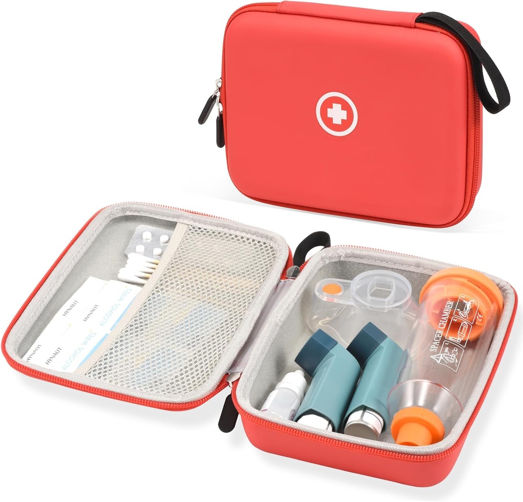 Fukumi Hard Travel Case for Asthma Inhaler, Inhaler Spacer Case for Kids and Adults, Masks, Asthma Accessories Case with Mesh Pocket for Medicine and Other Accessories, Red (Case Only)