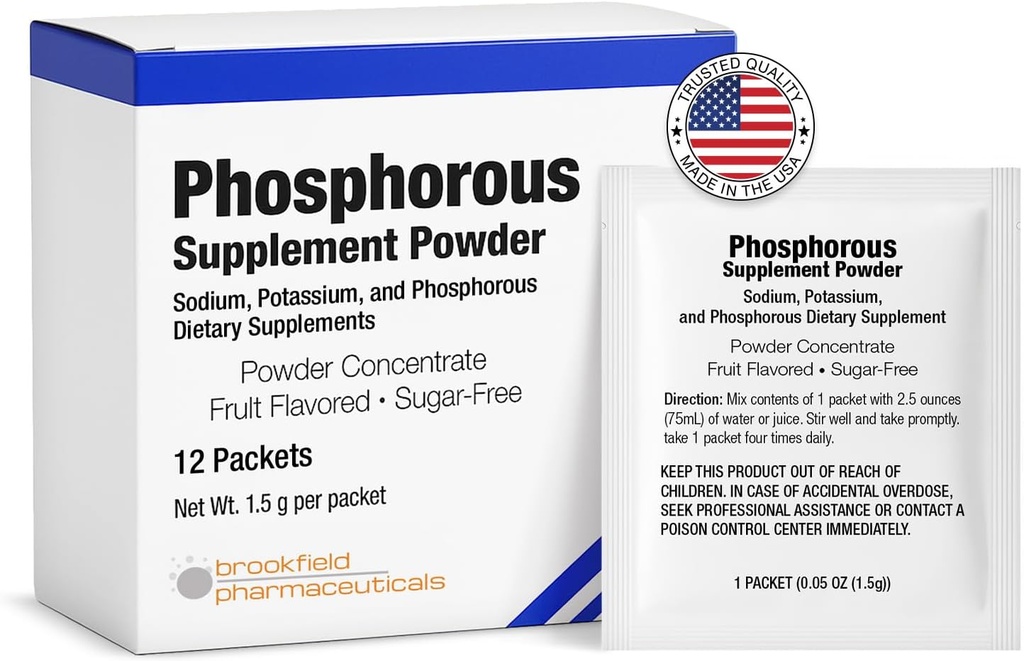 Phosphorus Supplements 12 Packets, Dietary Supplements Powder with Sodium Phosphate and Potassium Phosphate, Fruit Flavored Phosphorous Supplement Powder for Electrolyte, Bone Health & Kidney Health