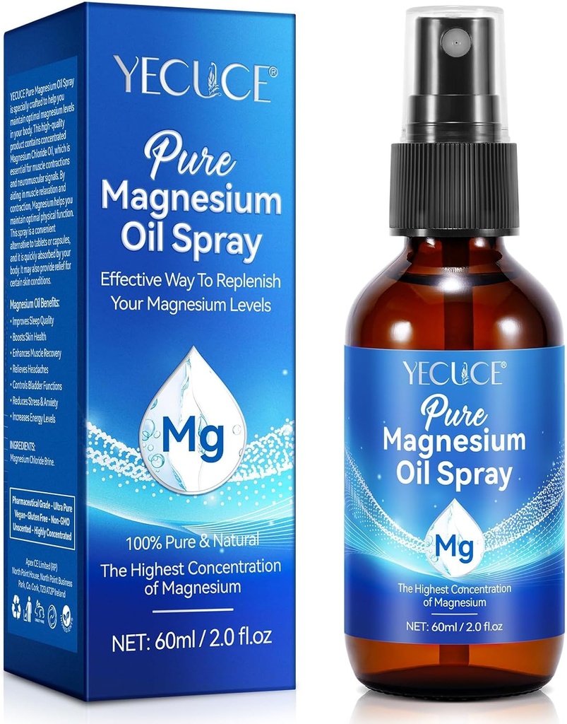 Magnesium Oil Spray, Magnesium Oil for Feet, Pure Magnesium Oil Spray 2 Fl.Oz, 100% Pure & Natural Magnesium Body Spray, Topical Magnesium Spray, Natural Deodorant, Easy to Absorb and Use