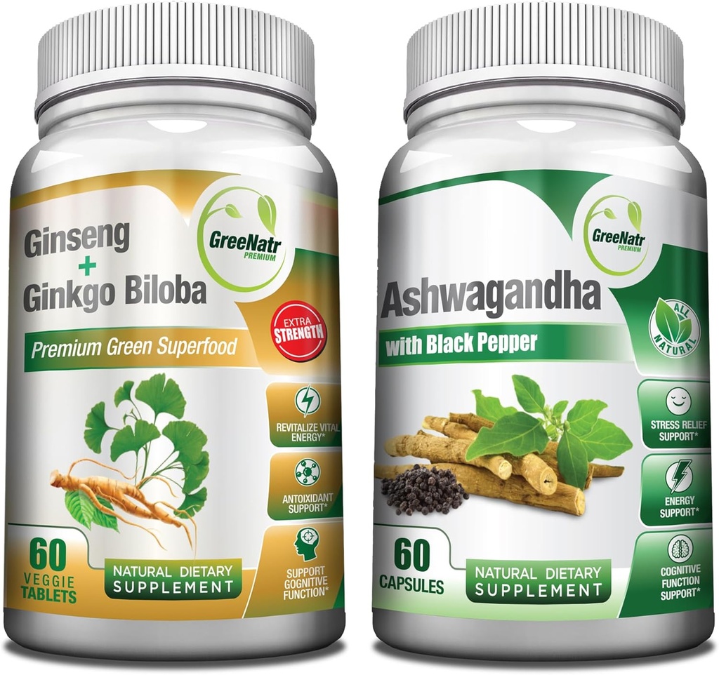GreeNatr Premium Bundle for Holistic Well-Being: Organic Ashwagandha Capsules, with Black Pepper for Stress Relief, Plus Ginseng + Ginkgo Biloba Tablets, a Traditional Energy Booster.