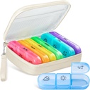 Cute Pill Organizer 3 Times a Day, Large Daily Pill Case for Women, Portable Pill Box 7 Day for Purse with Bag & Zipper to Hold Vitamins, Medications, Fish Oils, Supplements (Beige)