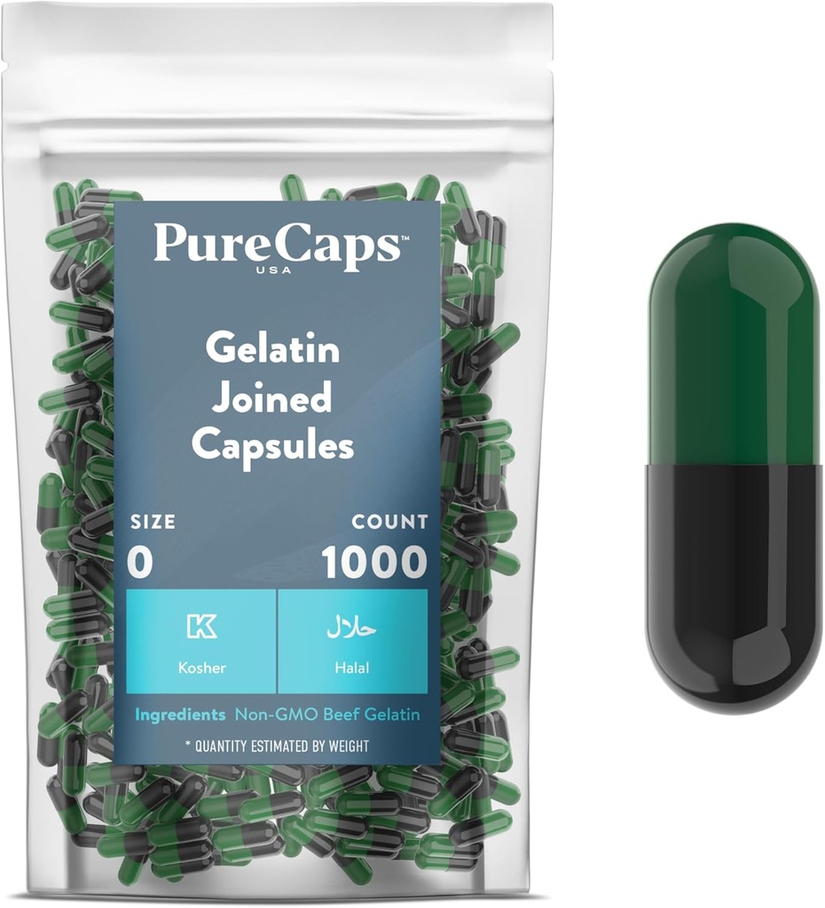 PureCaps USA - Empty Gelatin Capsules Size 0| 1,000 Joined Pills| Green/Black| Non-GMO Certified | SLS, Gluten, Preservative Free