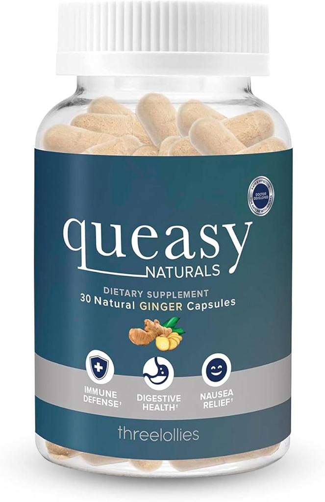 Three Lollies Queasy Naturals Ginger Capsules - Non-Drowsy Nausea Relief Supplement - Motion Sickness Prevention & Nausea Relief During Chemotherapy - 1000mg Ginger Root - 30 Caps