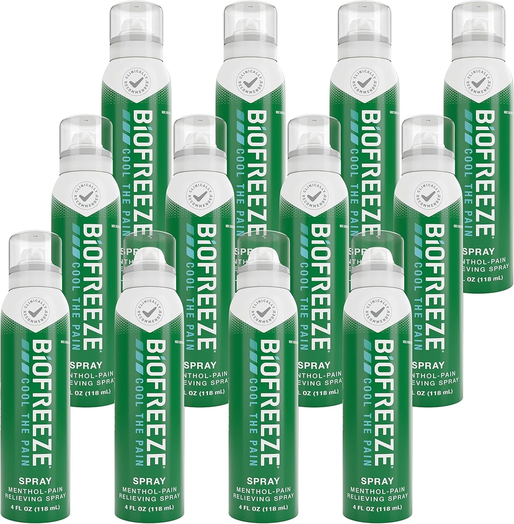 Biofreeze Menthol Pain Relieving Spray 4 FL OZ Colorless Aerosol Spray (Pack of 12) for Pain Relief Associated with Sore Muscles, Arthritis, Simple Backaches, and Joint Pain (Packaging May Vary)