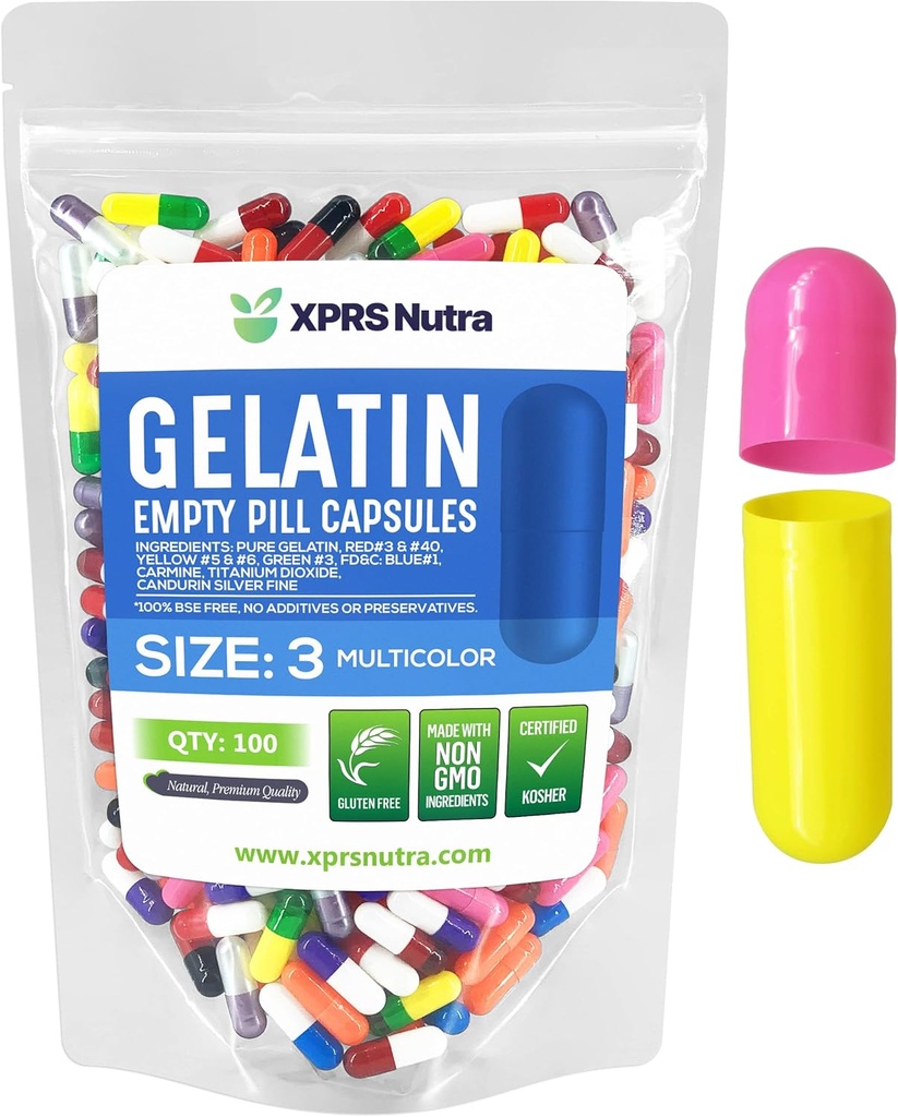 XPRS Nutra Size 3 Empty Capsules - 100 Count Empty Gelatin Capsules - Pills DIY Capsule Filling - Pure Bovine Pill Gel Caps for Do-It-Yourself Supplements (Multi Color)