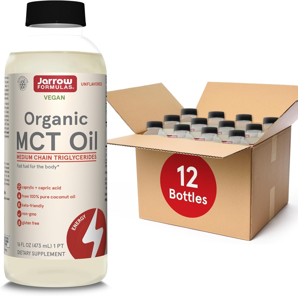 Jarrow Formulas Organic MCT Oil - 16 fl oz - Fast Fuel for Brain & Muscles - Caprylic (C8) + Capric Acid (C10) - Ketogenic Diet Friendly Supplement - Unflavored (Pack of 12)