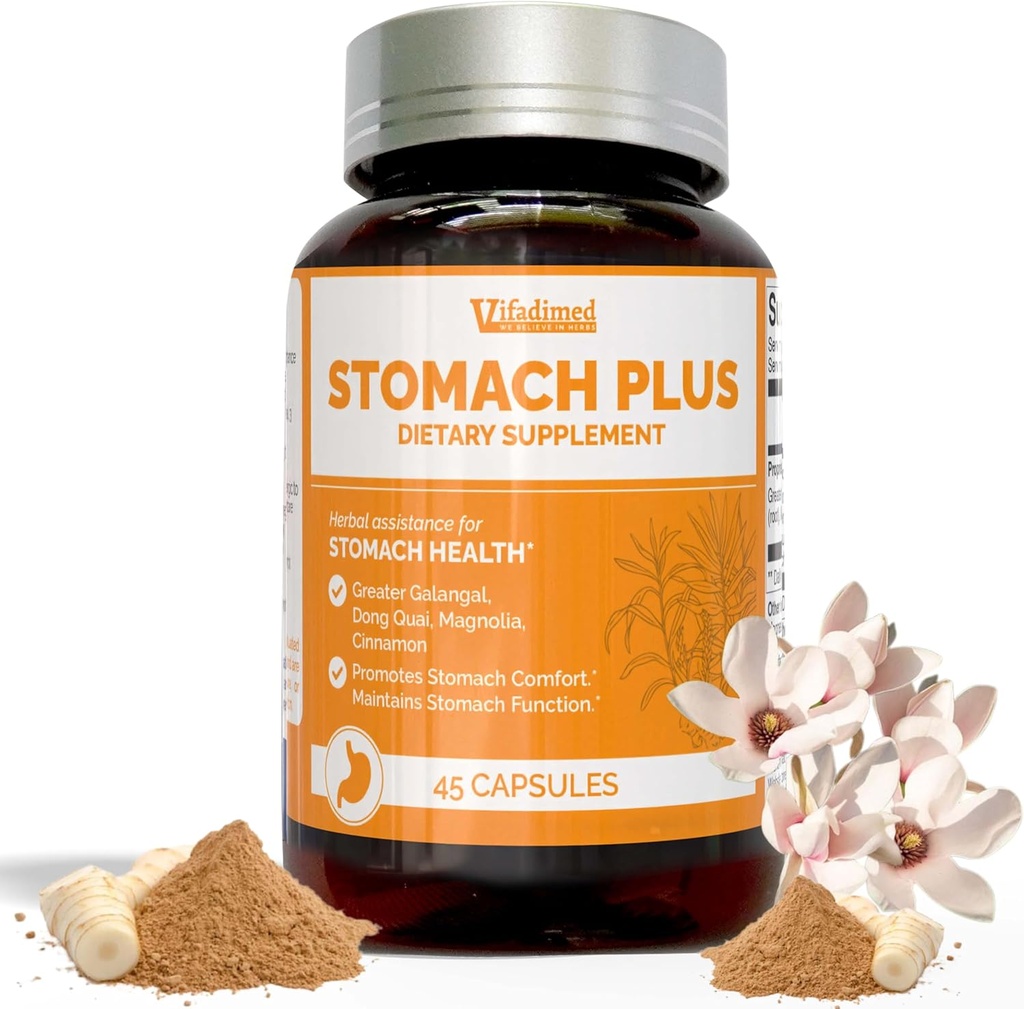 Stomach Plus-for Stomach, Gastritis, Stomach Lining Repair, Acid Reflux, Heartburn, Indigestion, with Galangal, Dong Quai, Cinnamon & Magnolia-45 Capsules